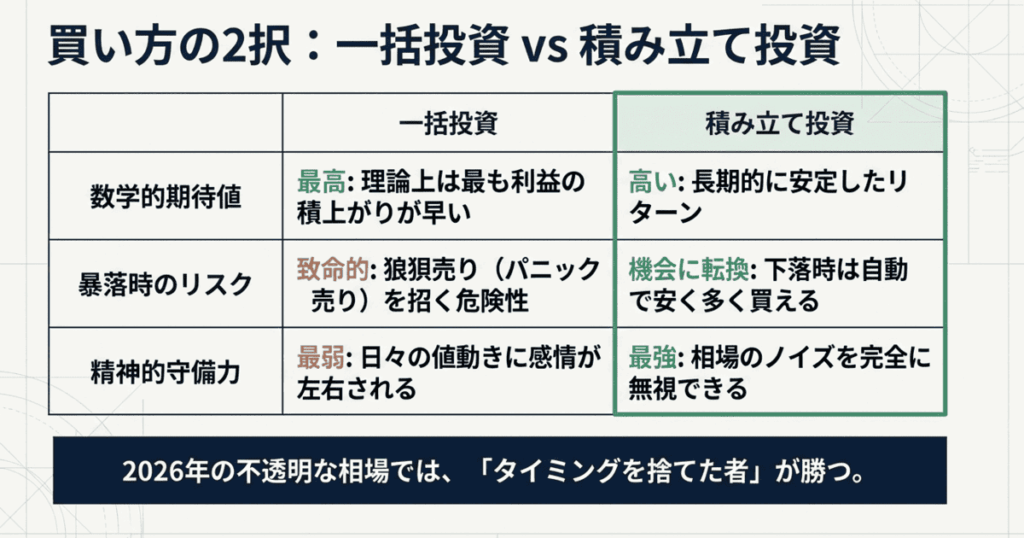 2026年の経済環境における、新NISA積み立て投資と一括投資のイメージ図